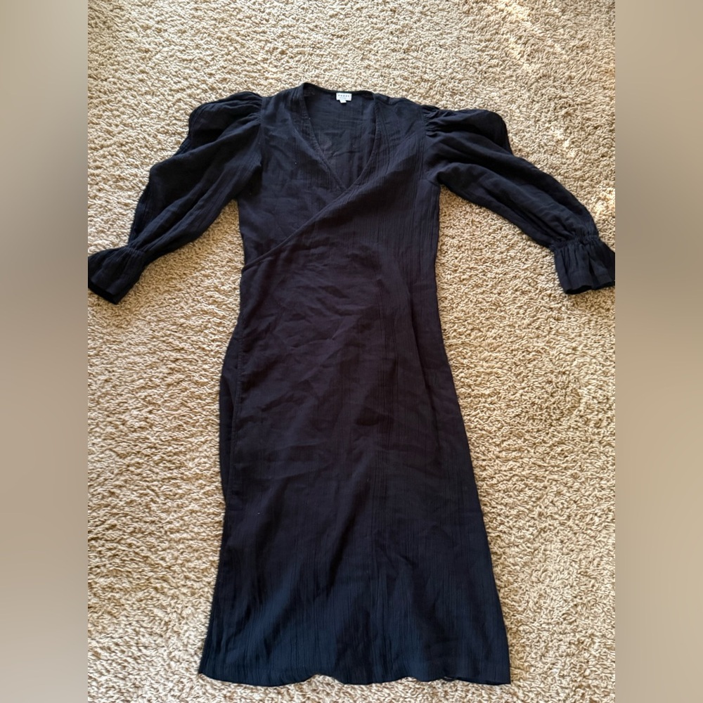 RHODE Resort Black 3/4 Puff Sleeve Wrap MIDI Dress